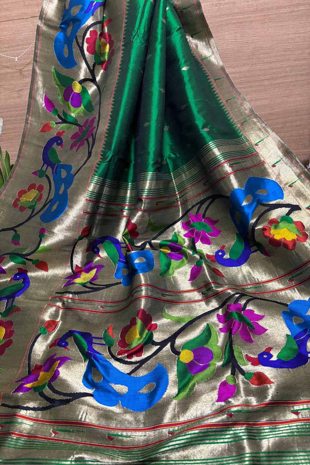 Green Paithani Handloom Pure Silk Heavy Border Peacock And Flower Design Saree - Luxurion World