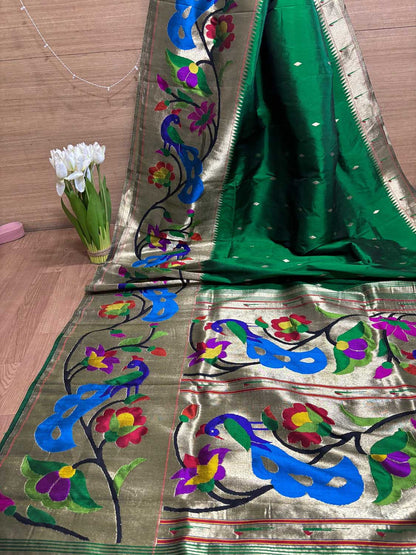 Green Paithani Handloom Pure Silk Heavy Border Peacock And Flower Design Saree - Luxurion World