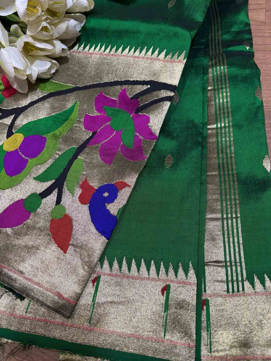 Green Paithani Handloom Pure Silk Heavy Border Peacock And Flower Design Saree - Luxurion World