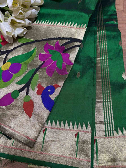 Green Paithani Handloom Pure Silk Heavy Border Peacock And Flower Design Saree - Luxurion World