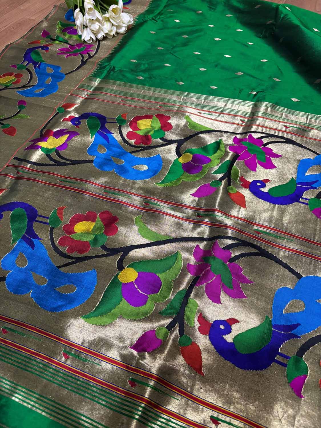 Green Paithani Handloom Pure Silk Heavy Border Peacock And Flower Design Saree - Luxurion World