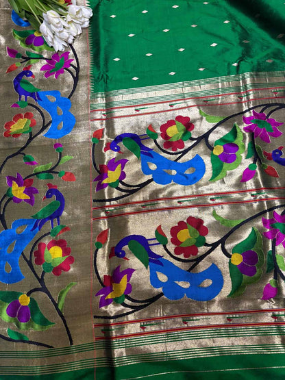 Green Paithani Handloom Pure Silk Heavy Border Peacock And Flower Design Saree - Luxurion World