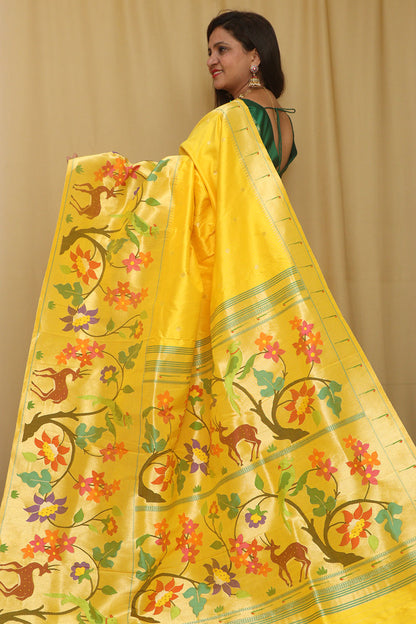 Yellow Paithani Handloom Pure Silk Heavy Border Flower Design Saree - Luxurion World