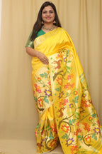 Yellow Paithani Handloom Pure Silk Heavy Border Flower Design Saree - Luxurion World
