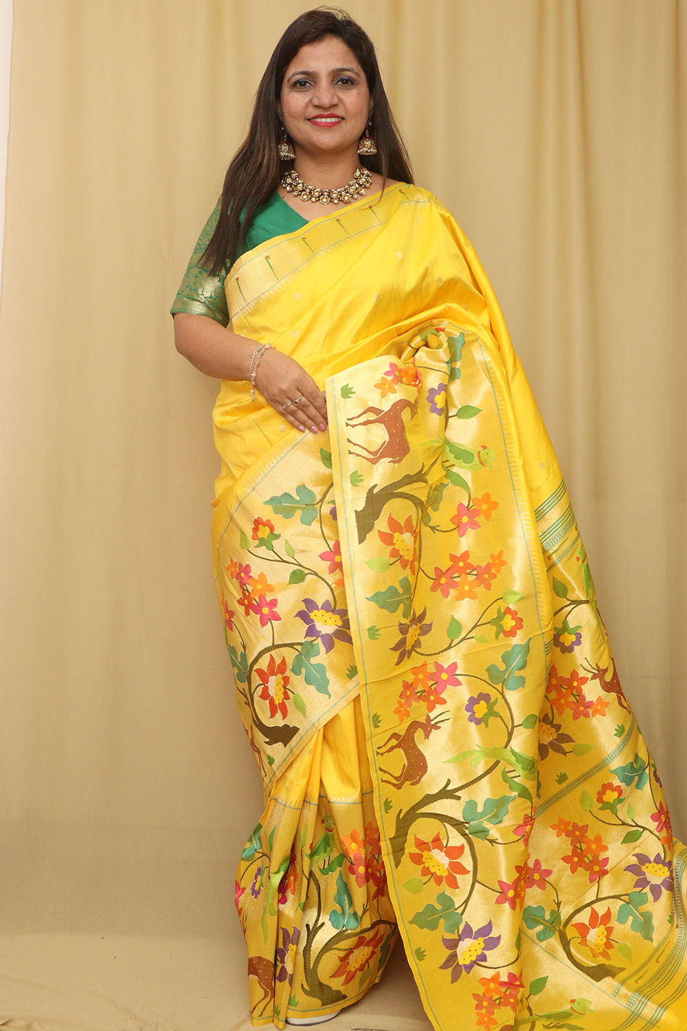 Yellow Paithani Handloom Pure Silk Heavy Border Flower Design Saree - Luxurion World