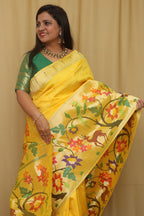 Yellow Paithani Handloom Pure Silk Heavy Border Flower Design Saree - Luxurion World