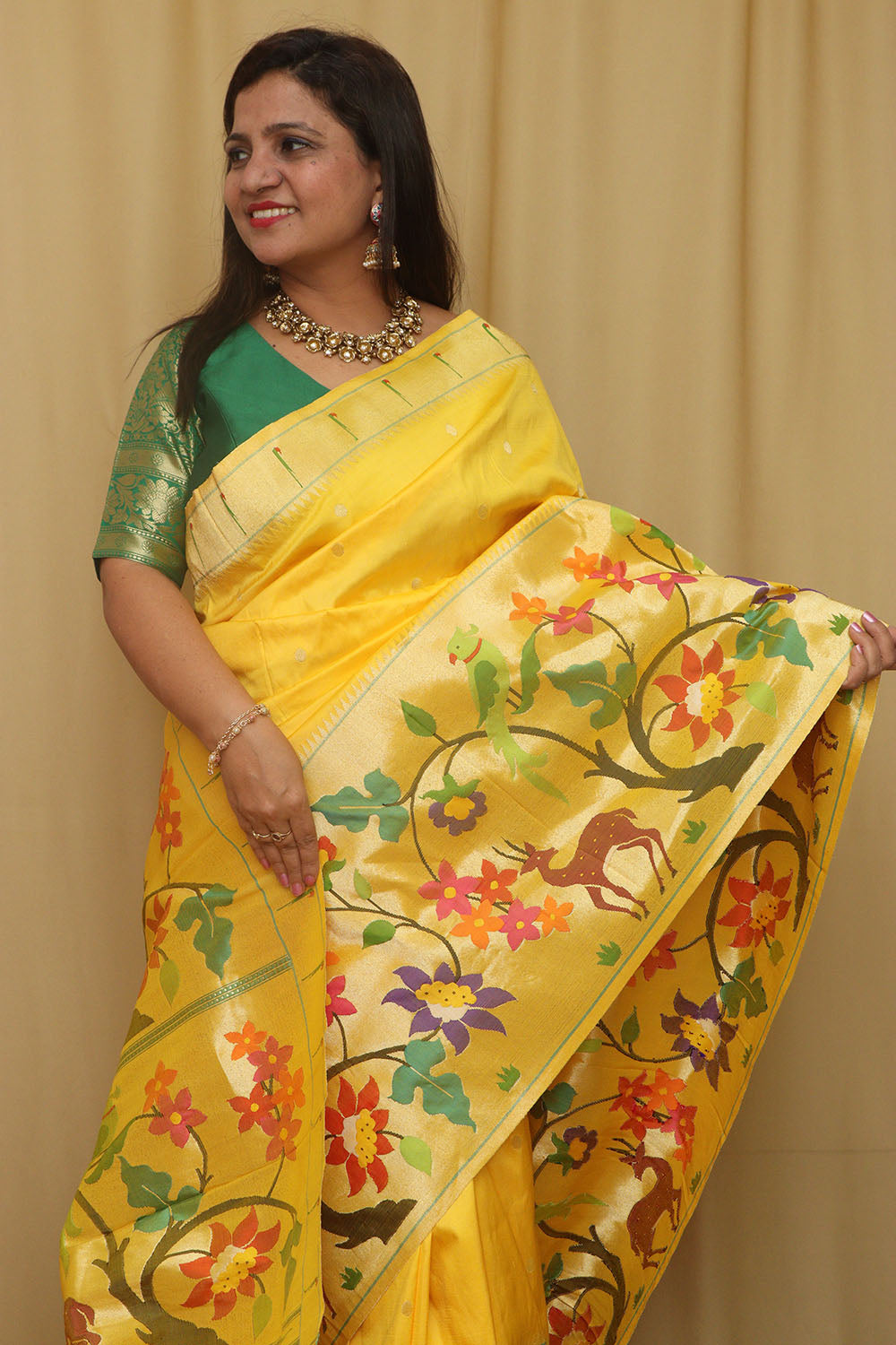 Yellow Paithani Handloom Pure Silk Heavy Border Flower Design Saree - Luxurion World