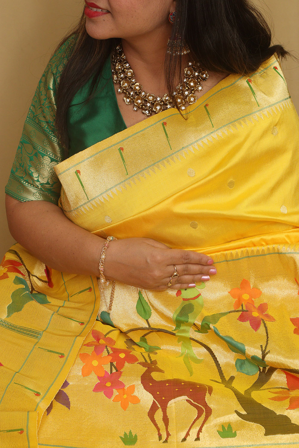 Yellow Paithani Handloom Pure Silk Heavy Border Flower Design Saree - Luxurion World