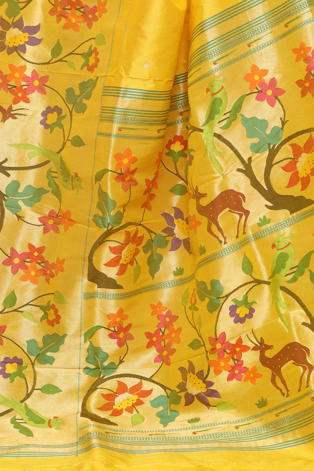 Yellow Paithani Handloom Pure Silk Heavy Border Flower Design Saree - Luxurion World