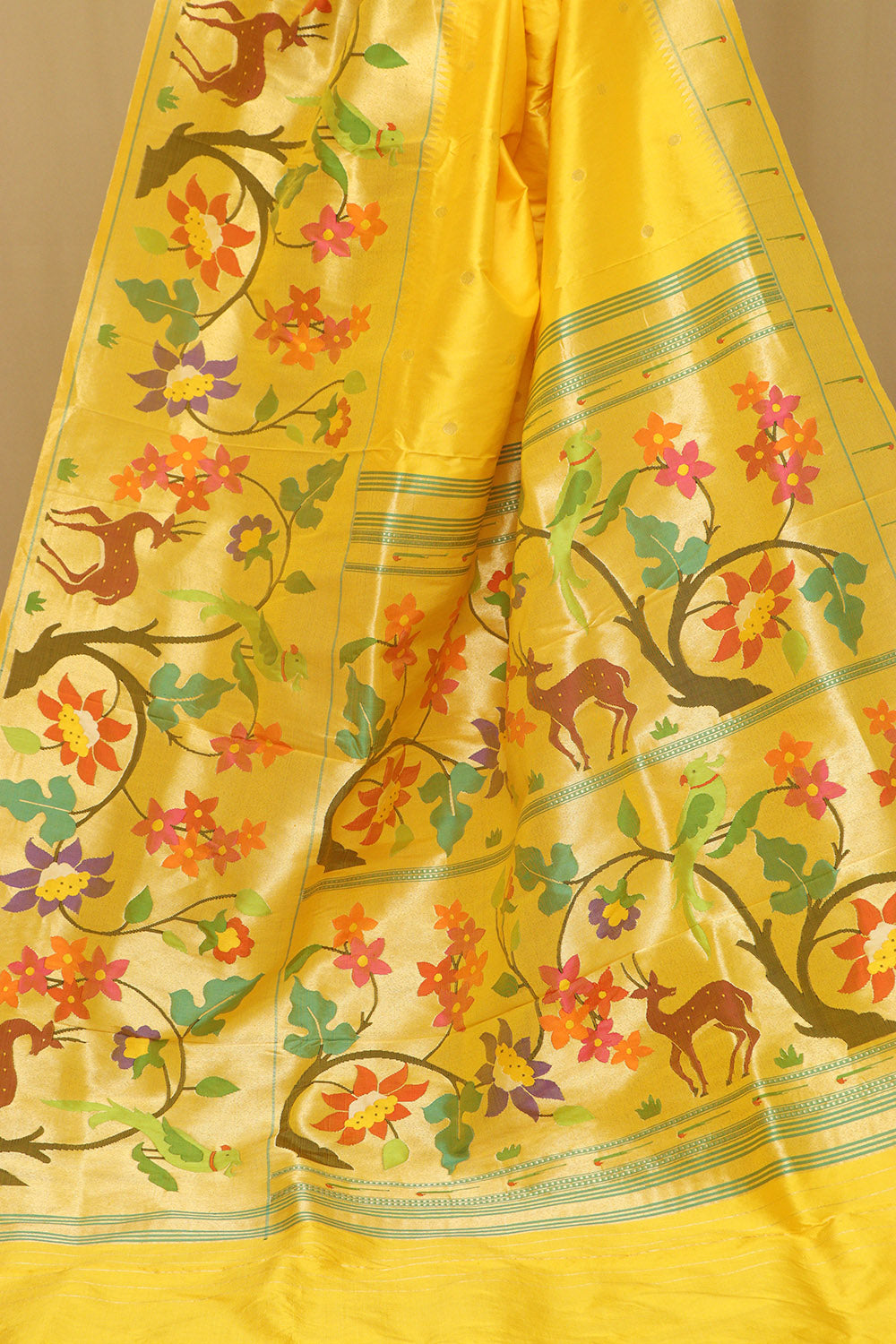 Yellow Paithani Handloom Pure Silk Heavy Border Flower Design Saree - Luxurion World
