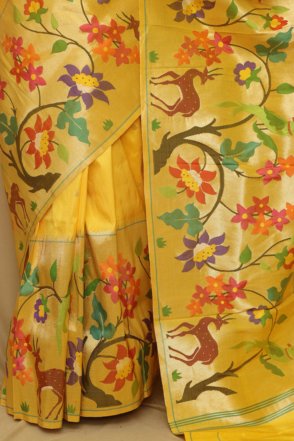 Yellow Paithani Handloom Pure Silk Heavy Border Flower Design Saree - Luxurion World