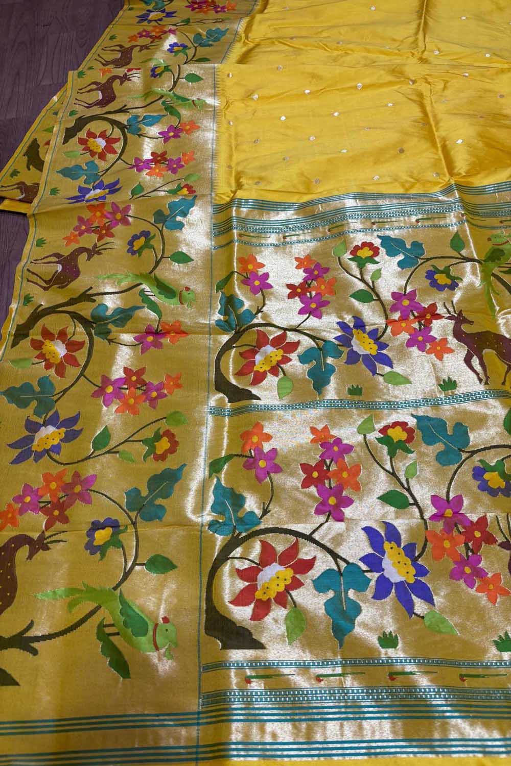 Yellow Paithani Handloom Pure Silk Heavy Border Flower Design Saree - Luxurion World