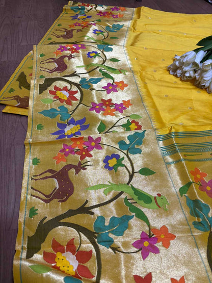 Yellow Paithani Handloom Pure Silk Heavy Border Flower Design Saree - Luxurion World