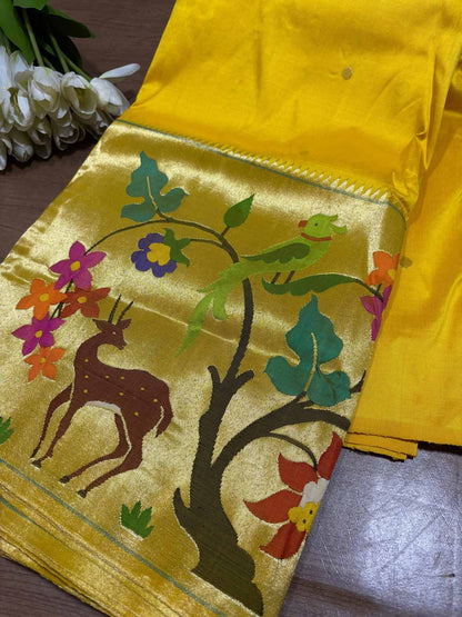 Yellow Paithani Handloom Pure Silk Heavy Border Flower Design Saree - Luxurion World