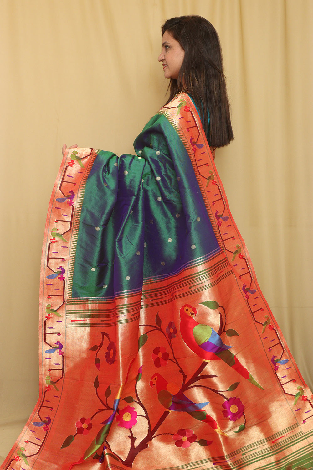 Exquisite Blue And Green Shot Paithani Handloom Pure Silk Heavy Border Flower And Parrot Design Saree - Luxurion World