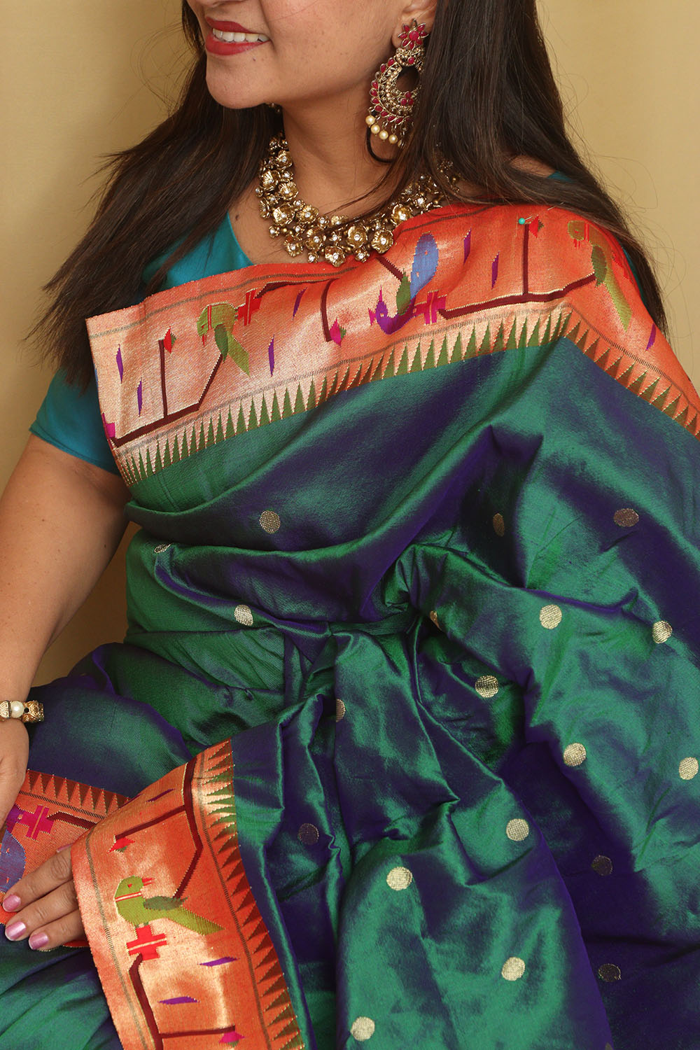 Exquisite Blue And Green Shot Paithani Handloom Pure Silk Heavy Border Flower And Parrot Design Saree - Luxurion World