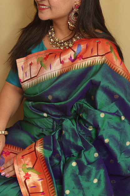 Exquisite Blue And Green Shot Paithani Handloom Pure Silk Heavy Border Flower And Parrot Design Saree - Luxurion World