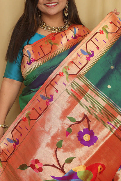 Exquisite Blue And Green Shot Paithani Handloom Pure Silk Heavy Border Flower And Parrot Design Saree - Luxurion World