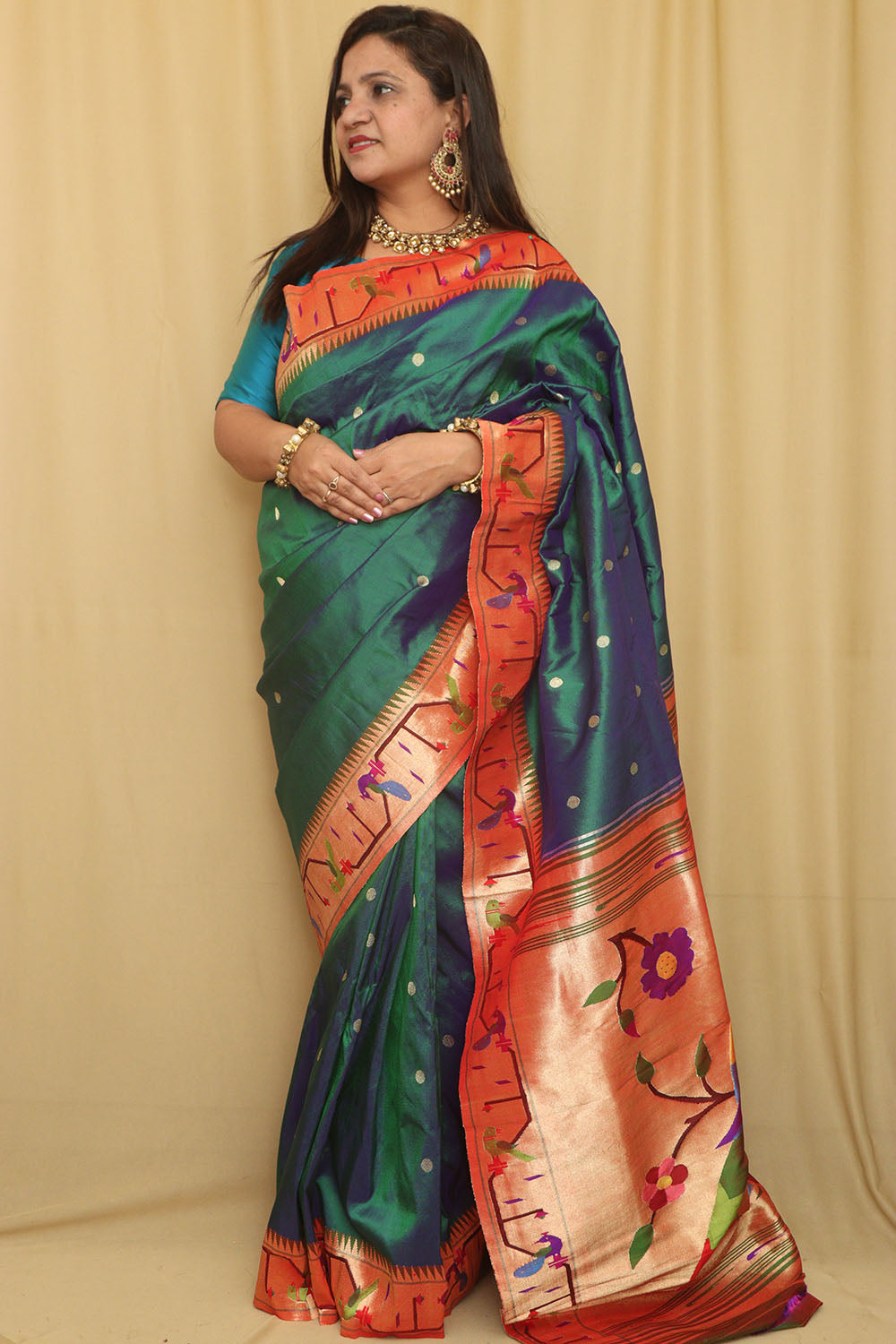 Exquisite Blue And Green Shot Paithani Handloom Pure Silk Heavy Border Flower And Parrot Design Saree - Luxurion World