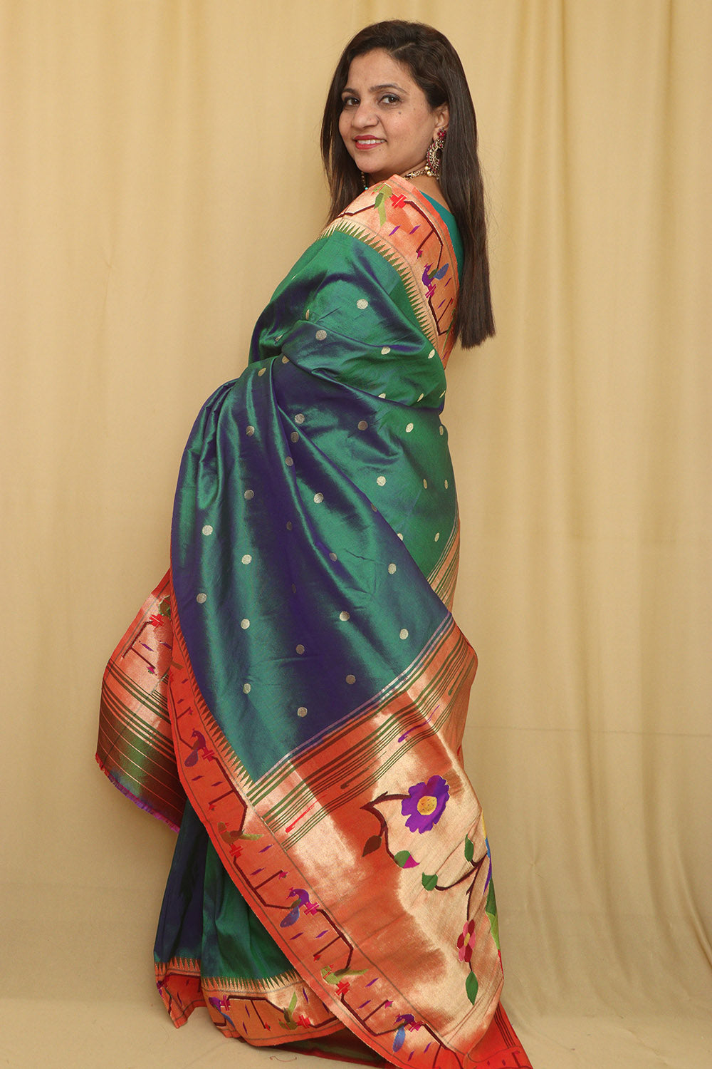 Exquisite Blue And Green Shot Paithani Handloom Pure Silk Heavy Border Flower And Parrot Design Saree - Luxurion World