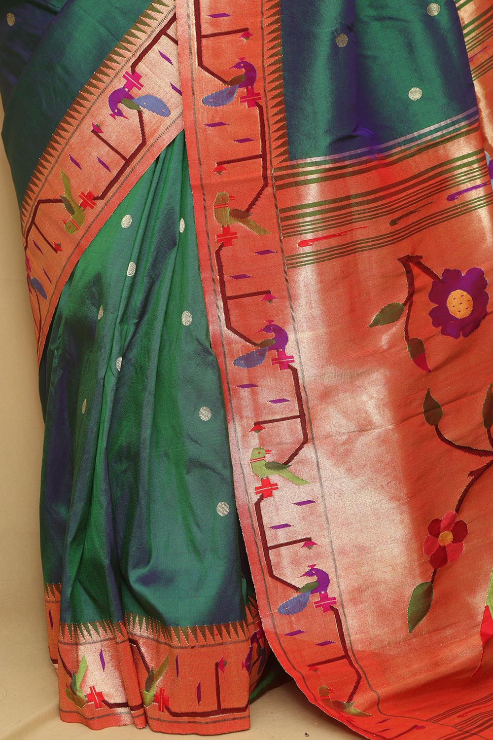 Exquisite Blue And Green Shot Paithani Handloom Pure Silk Heavy Border Flower And Parrot Design Saree - Luxurion World