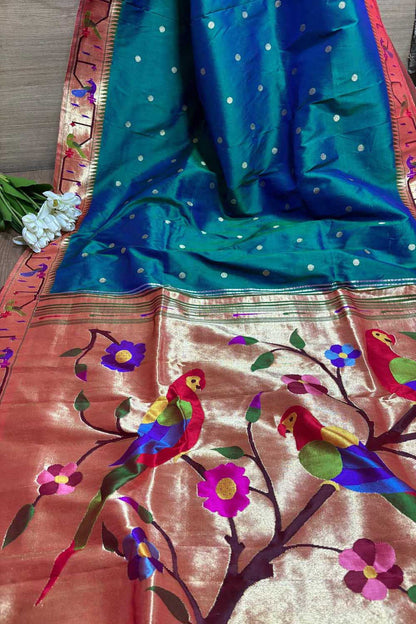 Exquisite Blue And Green Shot Paithani Handloom Pure Silk Heavy Border Flower And Parrot Design Saree - Luxurion World