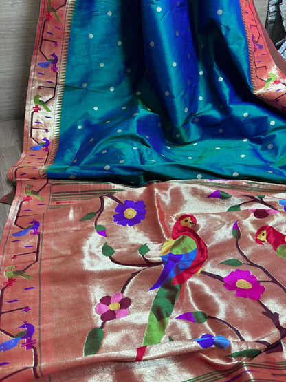 Exquisite Blue And Green Shot Paithani Handloom Pure Silk Heavy Border Flower And Parrot Design Saree - Luxurion World