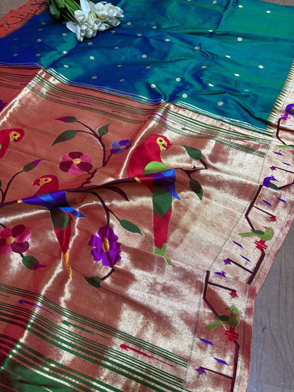 Exquisite Blue And Green Shot Paithani Handloom Pure Silk Heavy Border Flower And Parrot Design Saree - Luxurion World