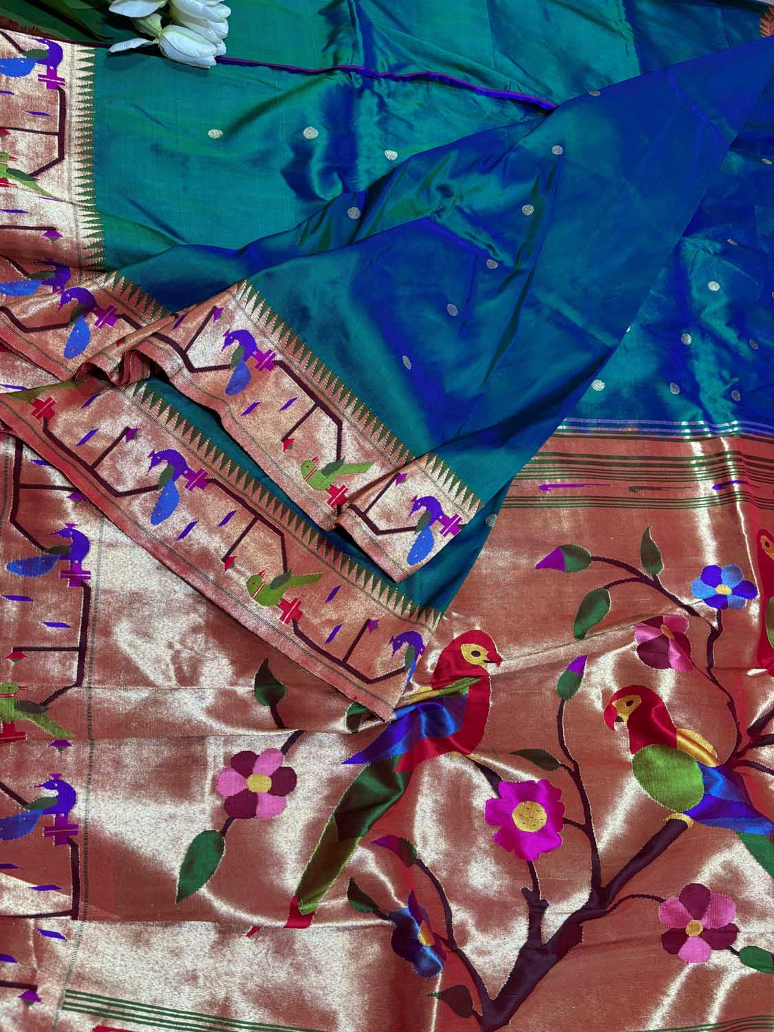 Exquisite Blue And Green Shot Paithani Handloom Pure Silk Heavy Border Flower And Parrot Design Saree - Luxurion World