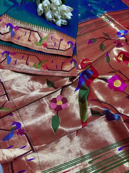 Exquisite Blue And Green Shot Paithani Handloom Pure Silk Heavy Border Flower And Parrot Design Saree - Luxurion World