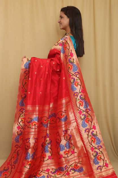 Red Paithani Handloom Pure Silk Heavy Border Flower And Peacock Design Saree - Luxurion World