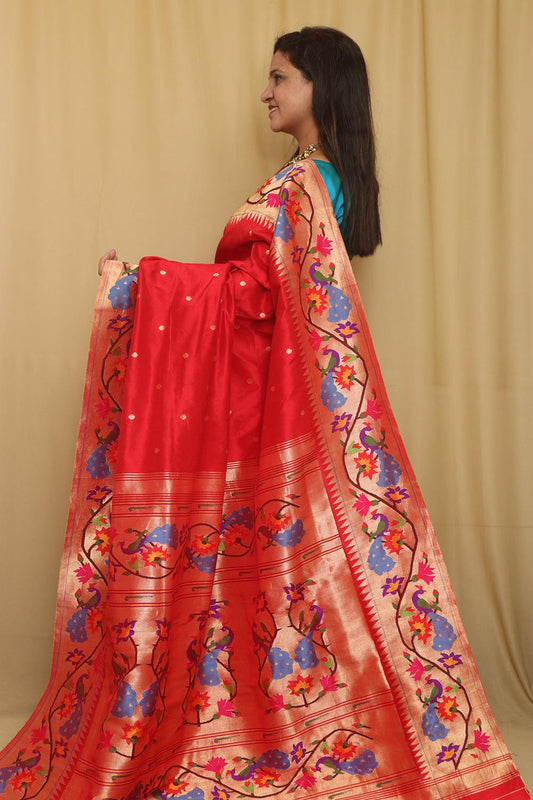 Red Paithani Handloom Pure Silk Heavy Border Flower And Peacock Design Saree - Luxurion World