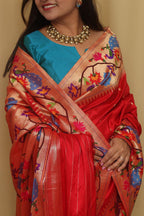 Red Paithani Handloom Pure Silk Heavy Border Flower And Peacock Design Saree - Luxurion World
