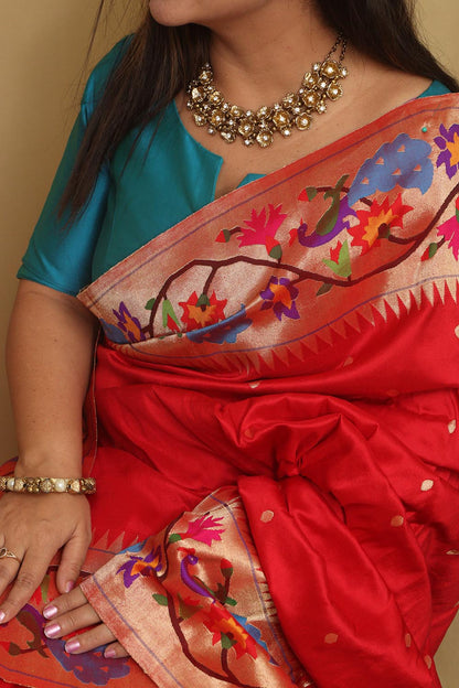 Red Paithani Handloom Pure Silk Heavy Border Flower And Peacock Design Saree - Luxurion World
