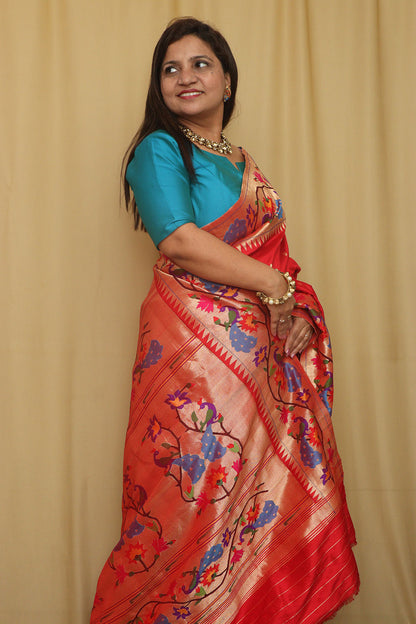 Red Paithani Handloom Pure Silk Heavy Border Flower And Peacock Design Saree - Luxurion World