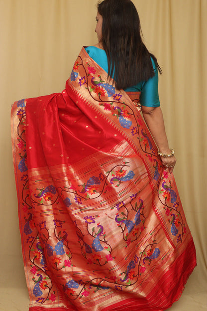 Red Paithani Handloom Pure Silk Heavy Border Flower And Peacock Design Saree - Luxurion World