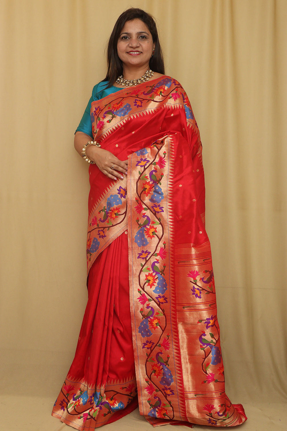 Red Paithani Handloom Pure Silk Heavy Border Flower And Peacock Design Saree - Luxurion World