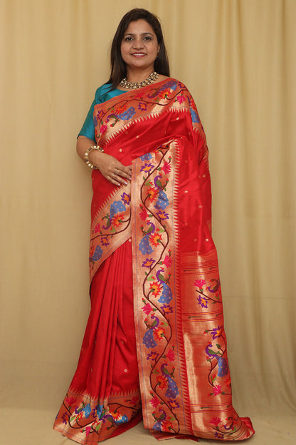 Red Paithani Handloom Pure Silk Heavy Border Flower And Peacock Design Saree - Luxurion World