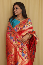 Red Paithani Handloom Pure Silk Heavy Border Flower And Peacock Design Saree - Luxurion World