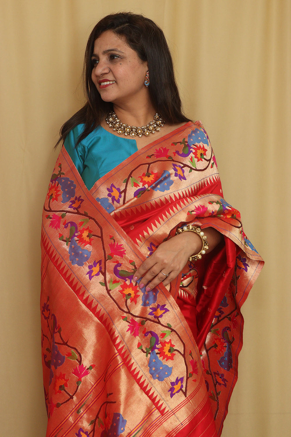 Red Paithani Handloom Pure Silk Heavy Border Flower And Peacock Design Saree - Luxurion World