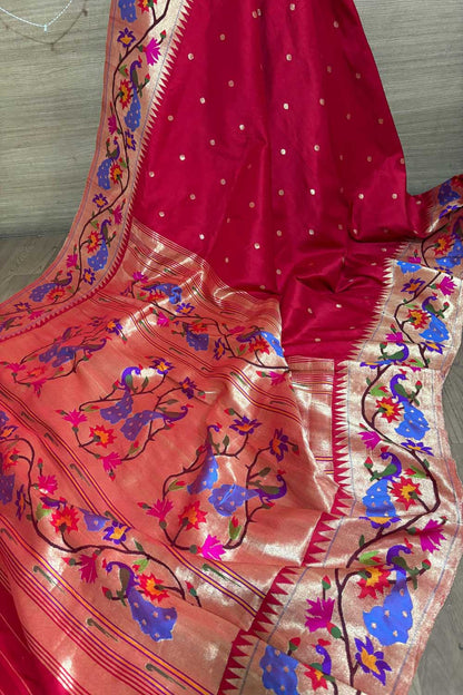 Red Paithani Handloom Pure Silk Heavy Border Flower And Peacock Design Saree - Luxurion World