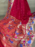 Red Paithani Handloom Pure Silk Heavy Border Flower And Peacock Design Saree - Luxurion World