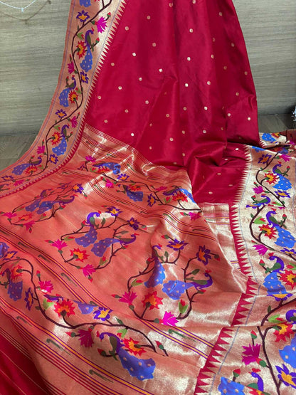 Red Paithani Handloom Pure Silk Heavy Border Flower And Peacock Design Saree - Luxurion World