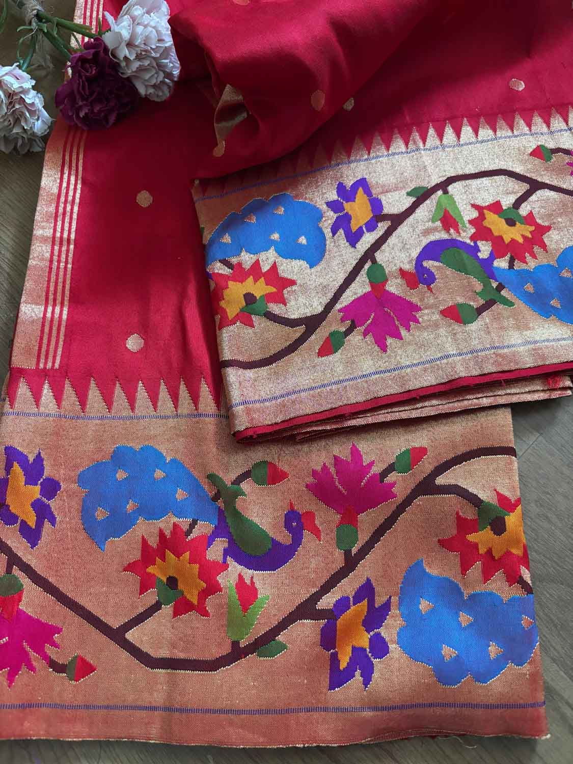 Red Paithani Handloom Pure Silk Heavy Border Flower And Peacock Design Saree - Luxurion World