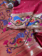 Red Paithani Handloom Pure Silk Heavy Border Flower And Peacock Design Saree - Luxurion World