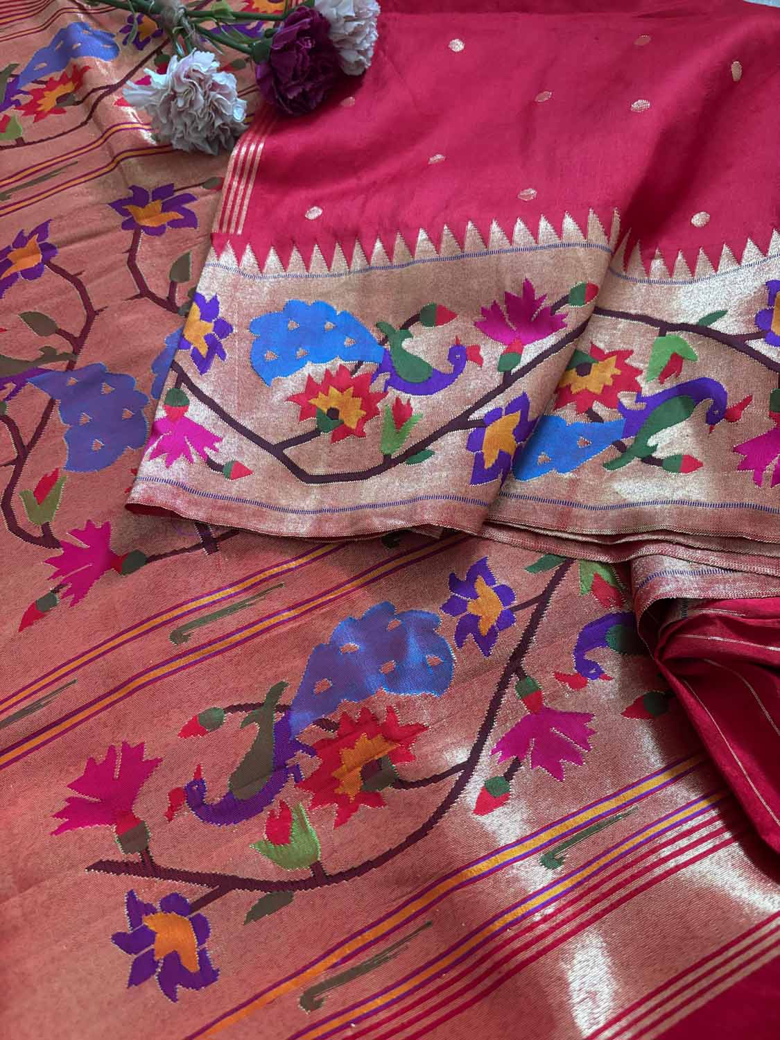 Red Paithani Handloom Pure Silk Heavy Border Flower And Peacock Design Saree - Luxurion World