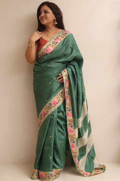 Green Paithani Embroidered Border Pure Tussar Silk Flower Design Saree - Luxurion World