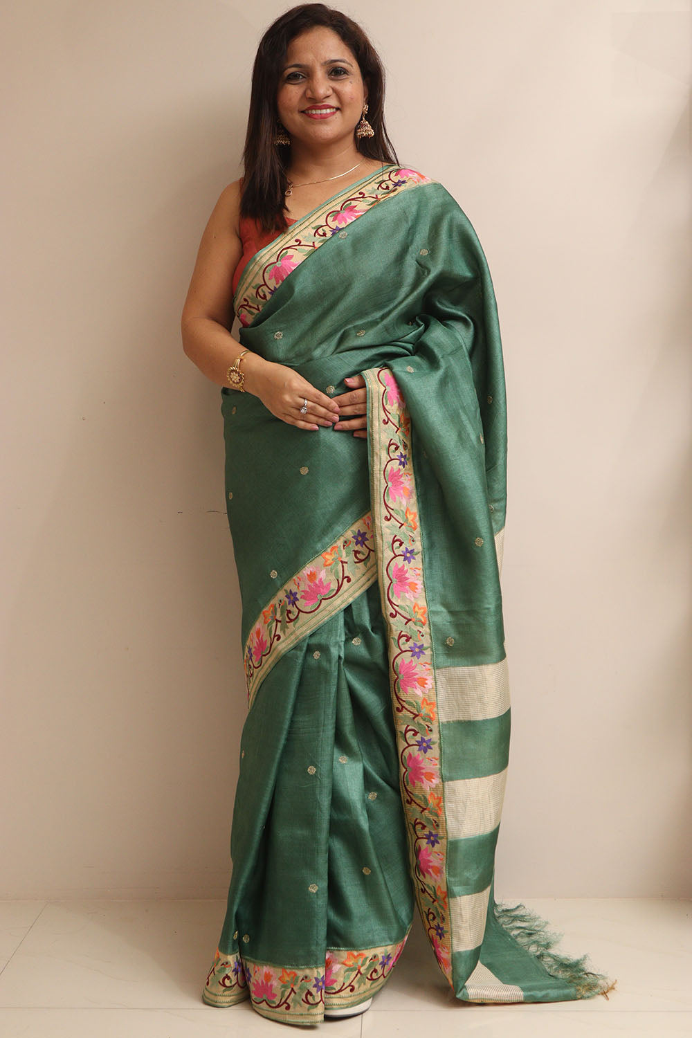 Green Paithani Embroidered Border Pure Tussar Silk Flower Design Saree - Luxurion World