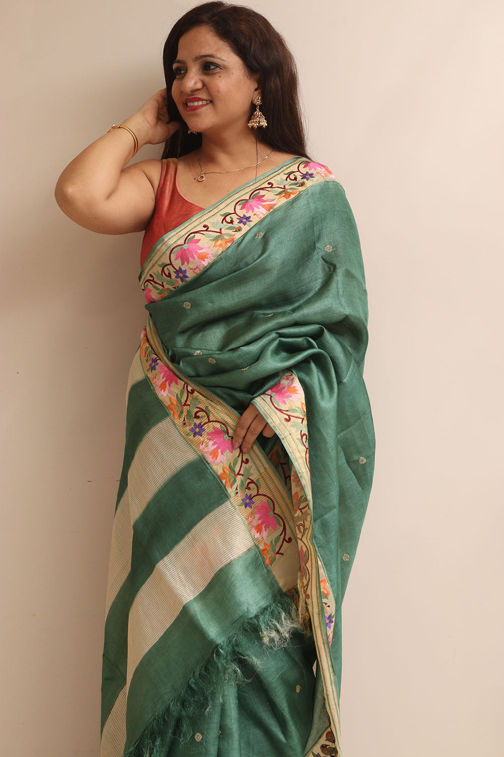 Green Paithani Embroidered Border Pure Tussar Silk Flower Design Saree - Luxurion World