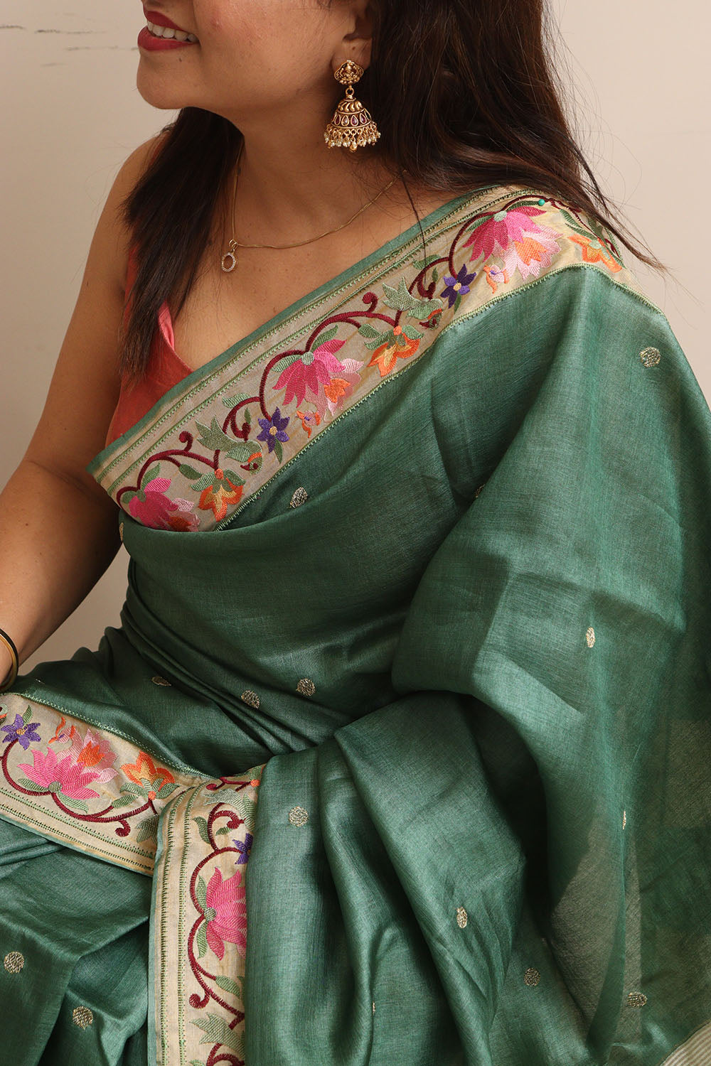 Green Paithani Embroidered Border Pure Tussar Silk Flower Design Saree - Luxurion World